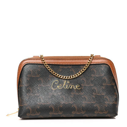 Celine Lambskin Triomphe Canvas Embroidered Logo Clutch With Chain Tan 1 of 8