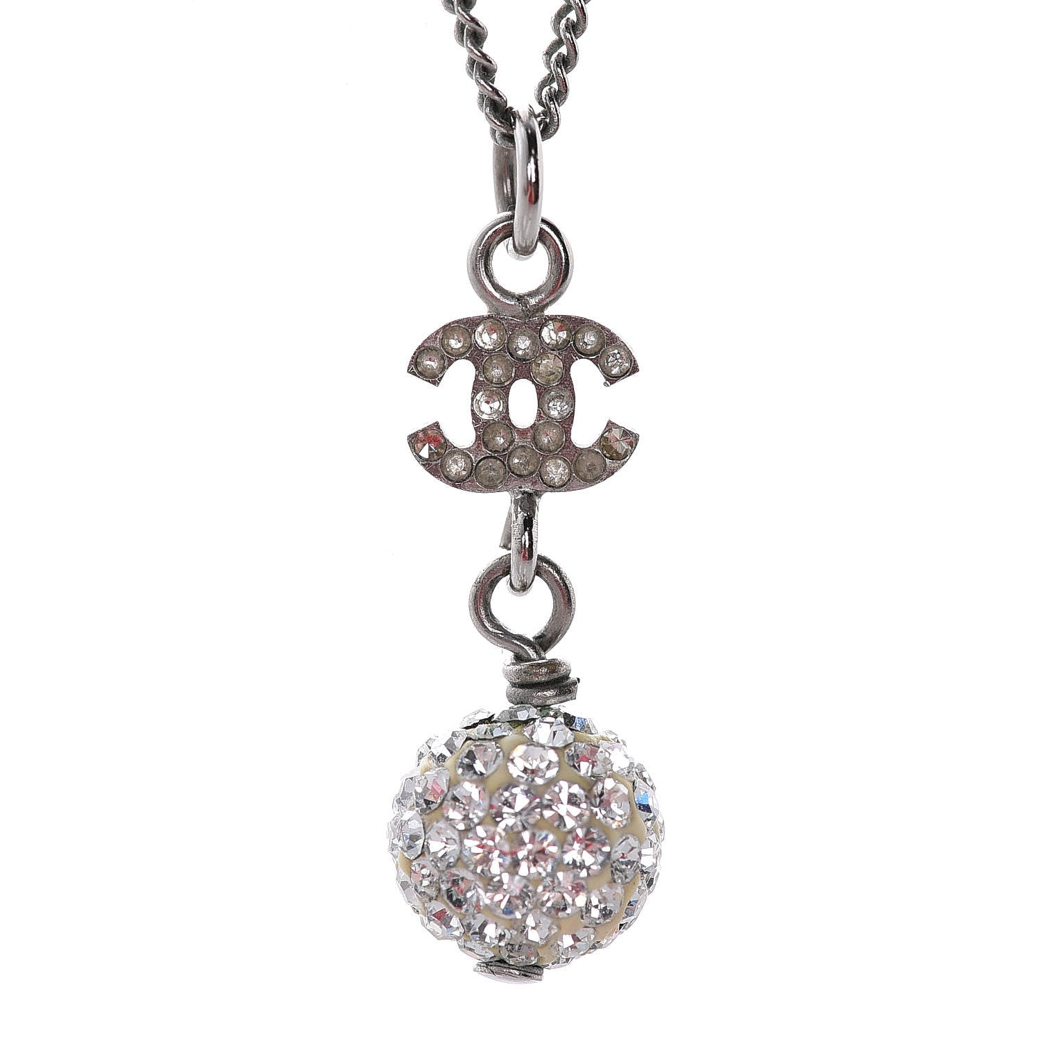 Chanel Crystal CC Ball Pendant Necklace Silver 4 of 5