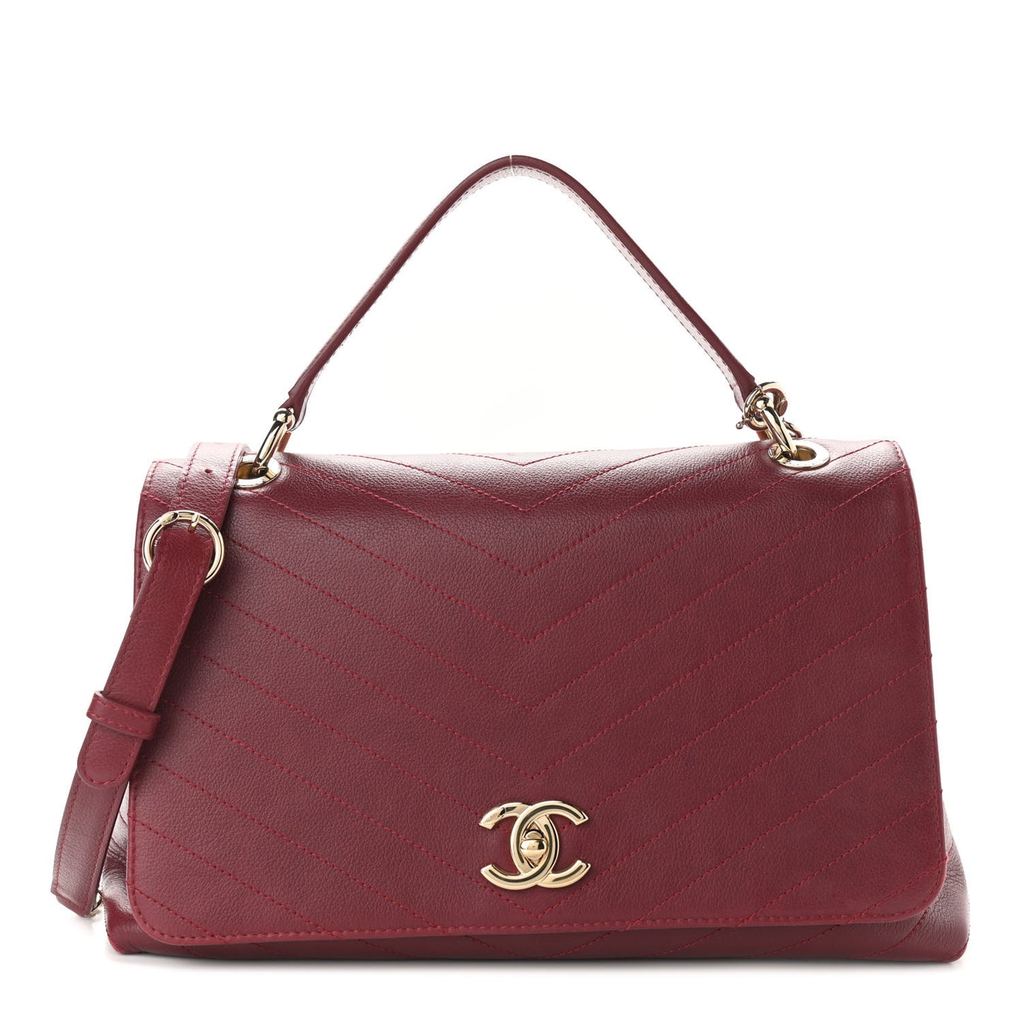 Grained Calfskin Stitched Chevron Medium Chic Top Handle Flap Red