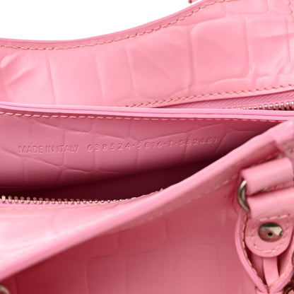 Balenciaga Semi Shiny Calfskin Crocodile Embossed Neo Classic Silver Hardware Mini City Pink 7 of 10