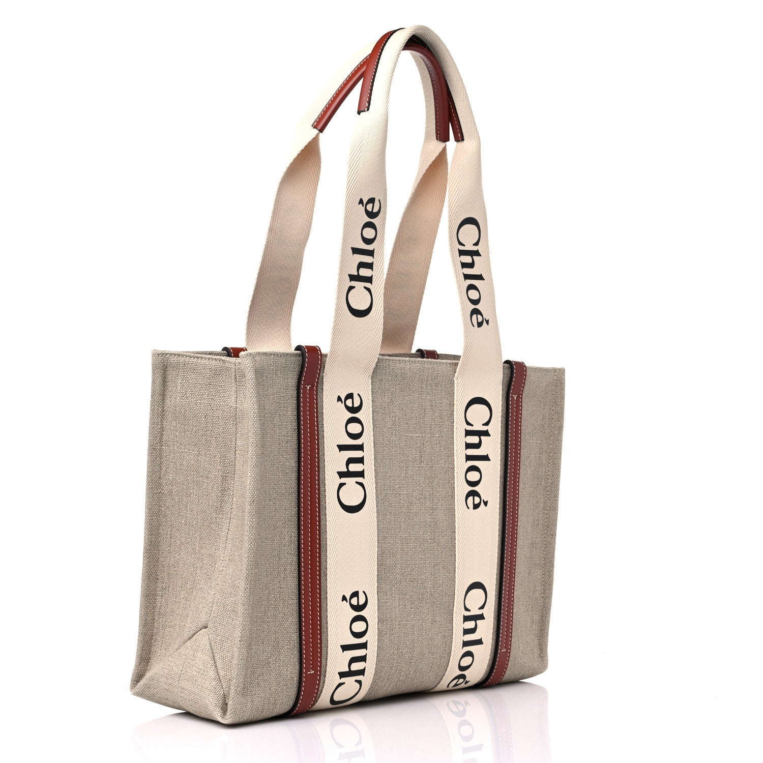 Chloe Cotton Calfskin Medium Woody Ribbon Tote White Brown 3 of 9