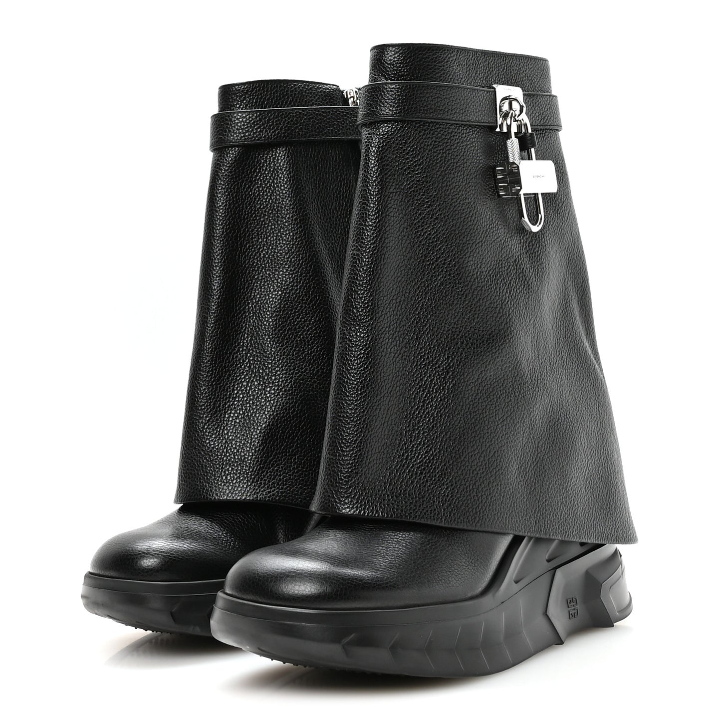 Grained Calfskin Shark Lock Biker Ankle Boots 39 Black
