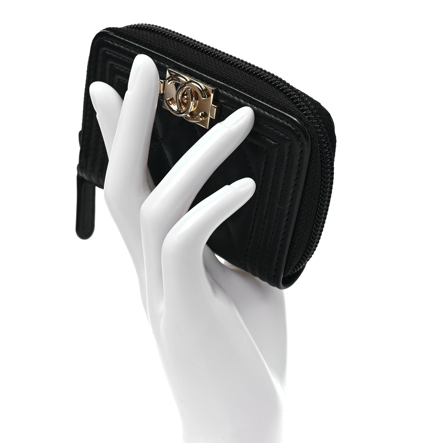 Lambskin Quilted Zip Around Boy Coin Purse Wallet Black