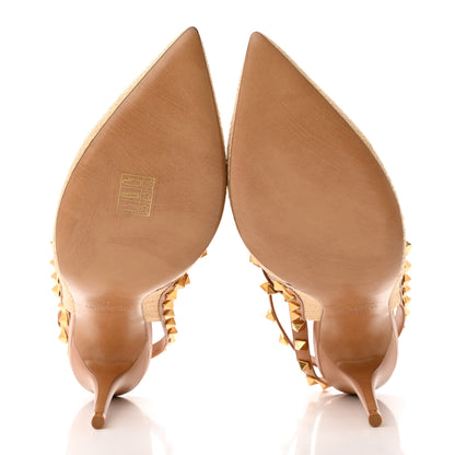 Valentino Garavani Raffia Calfskin Rockstud Ankle Strap 100mm Pumps 41 Natural Saddle Brown 5 of 8