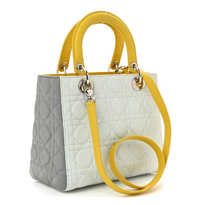 Christian Dior Grained Calfskin Cannage Medium Tri-Color Lady Dior Light Blue Grey Yellow 3 of 10