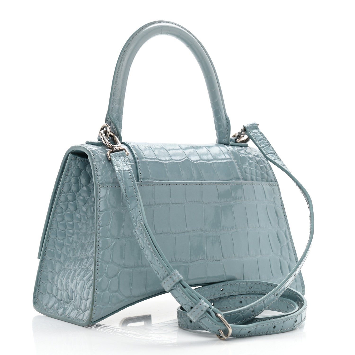 Balenciaga Shiny Calfskin Crocodile Embossed Small Hourglass Top Handle Bag Blue Grey 3 of 11