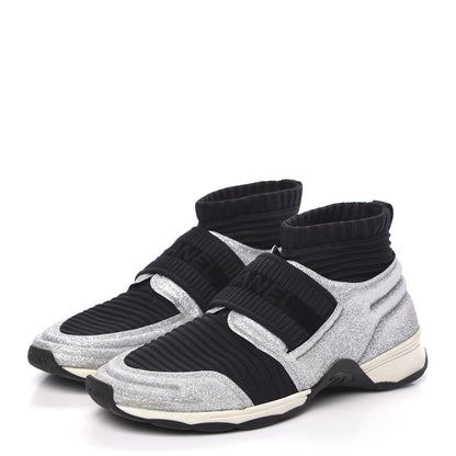 Chanel Glitter Stretch Fabric CC Sneakers 39 Black Silver 3 of 8