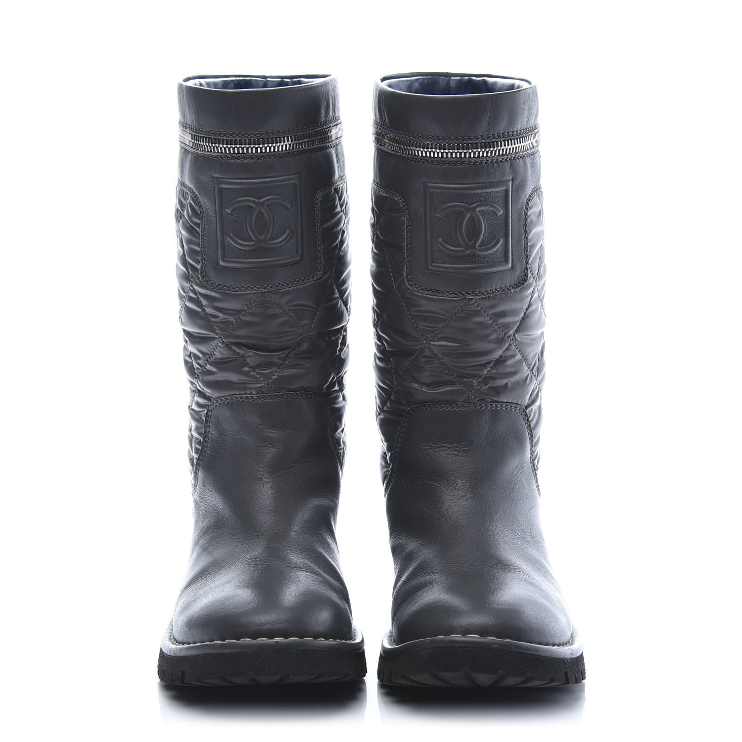 Chanel Calfskin Nylon Quilted Motorcycle Zip Boots 36 Green 2 of 10