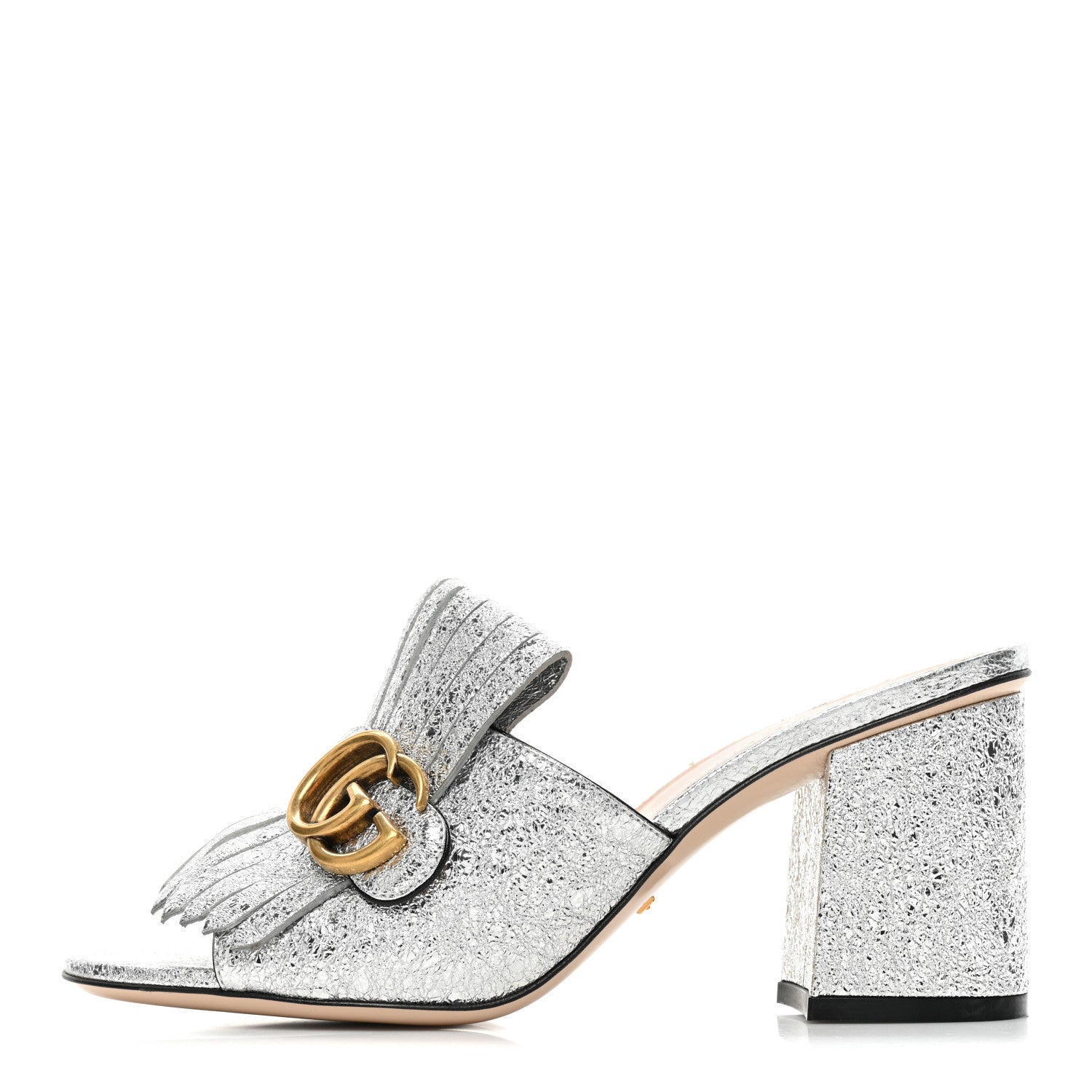 Gucci Galassia GG Marmont Fringe 75mm Slide Sandals 37.5 Argento 1 of 9