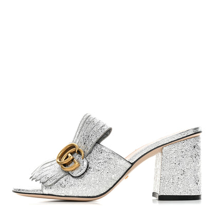 Gucci Galassia GG Marmont Fringe 75mm Slide Sandals 37.5 Argento 1 of 9