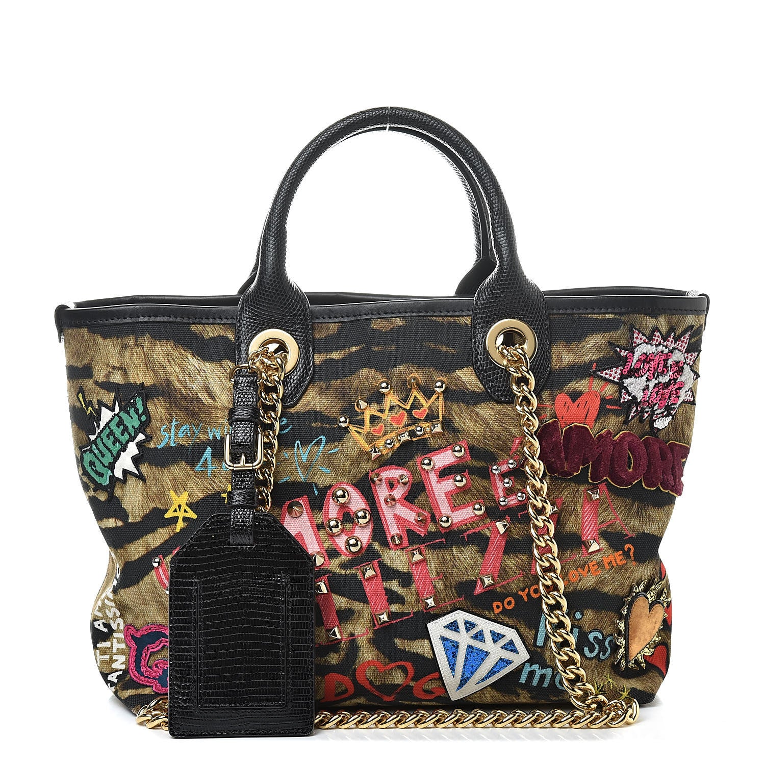 Dolce & Gabbana Leopard Print Graffiti Printed Iguana Amore Tote Black Multicolor 1 of 9