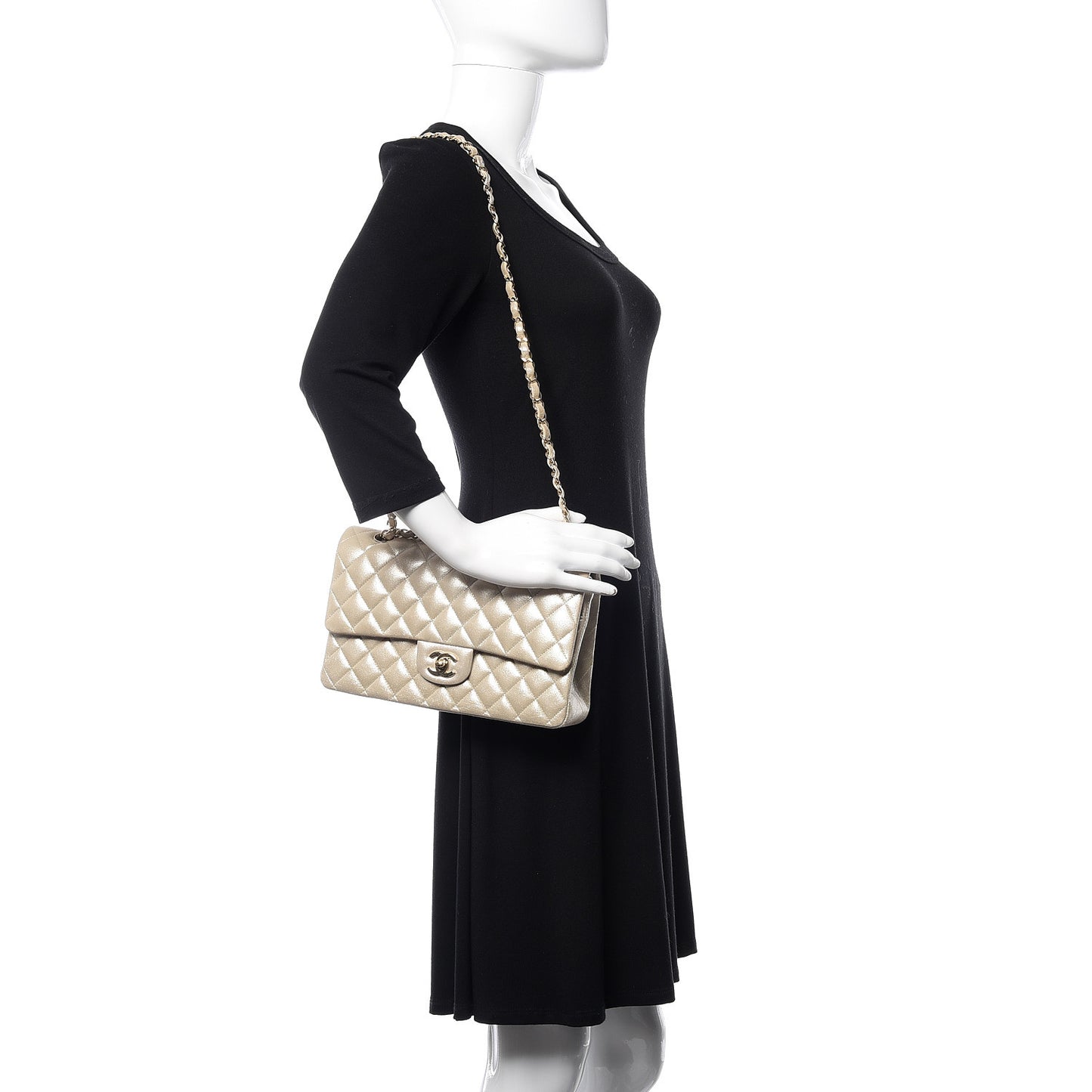 Iridescent Calfskin Quilted Medium Double Flap Light Gold