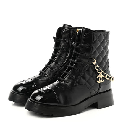 Chanel Shiny Calfskin Patent Quilted Chain Lace Up Combat Boots 35 Black 3 of 8