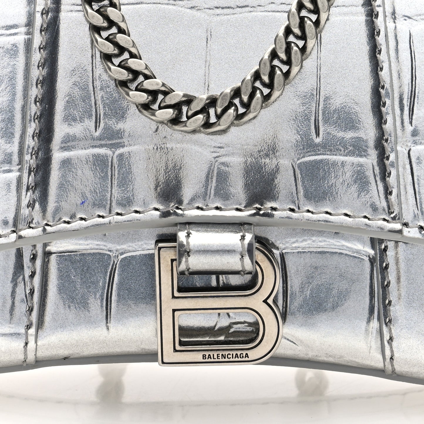 Metallic Calfskin Crocodile Embossed Hourglass Top Handle Bag Mini with Chain Silver