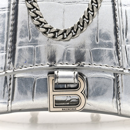 Balenciaga Metallic Calfskin Crocodile Embossed Hourglass Top Handle Bag Mini with Chain Silver 7 of 9