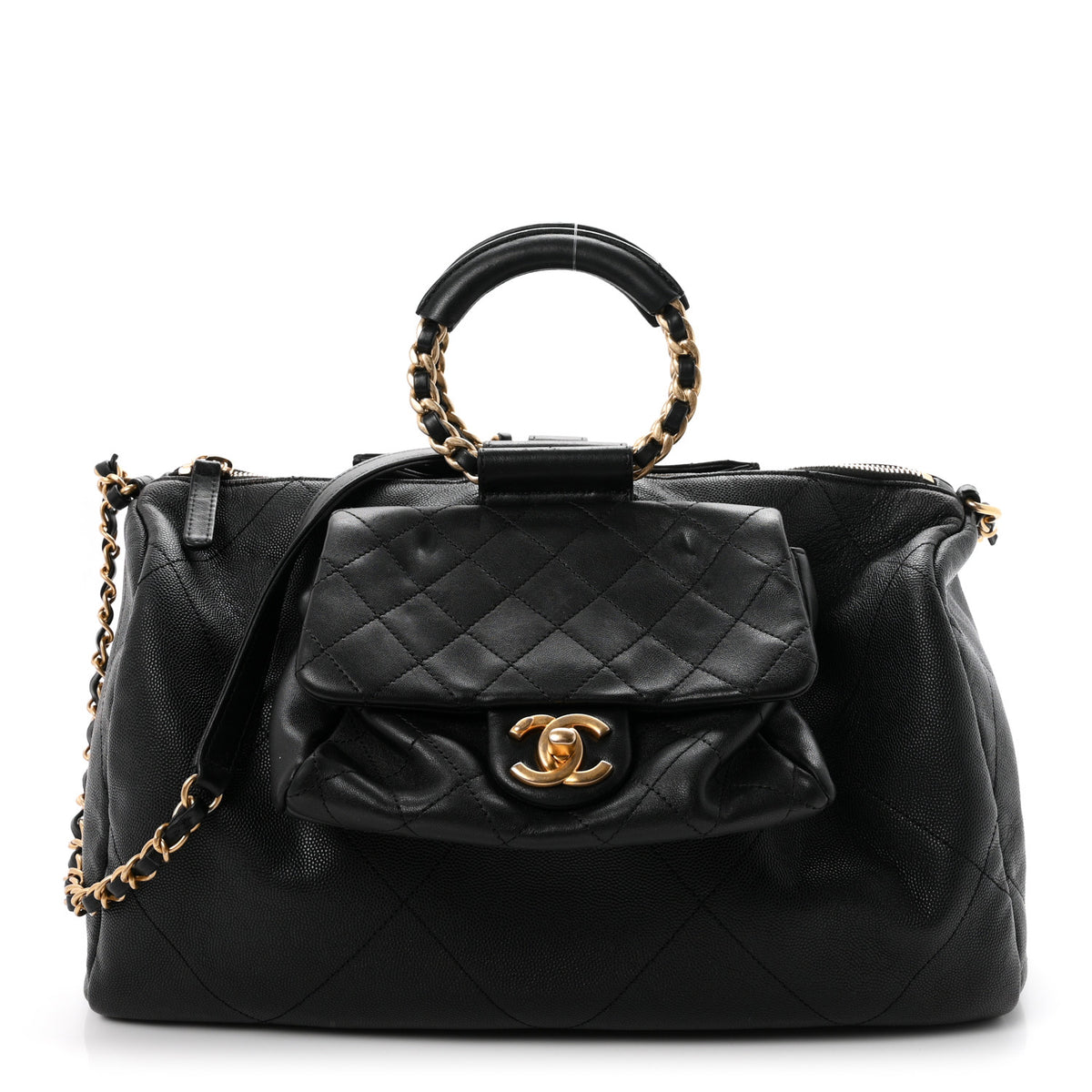 Grained Calfskin Lambskin Quilted Large Bowling Bag Black