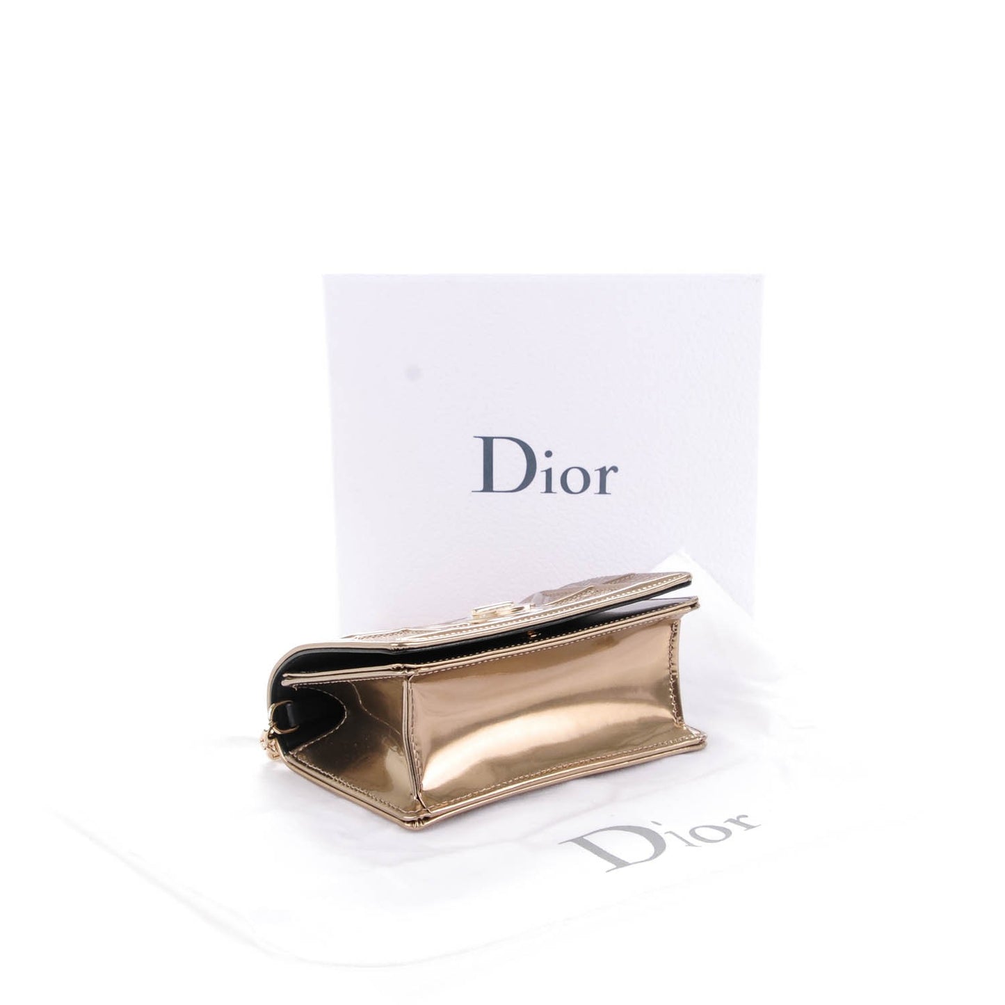 Metallic Patent Micro-Cannage Baby Diorama Flap Bag Gold