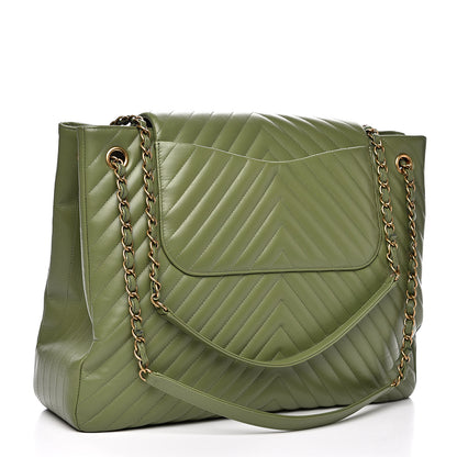 Chanel Lambskin Chevron Quilted Large Shopping Tote Green 2 of 11