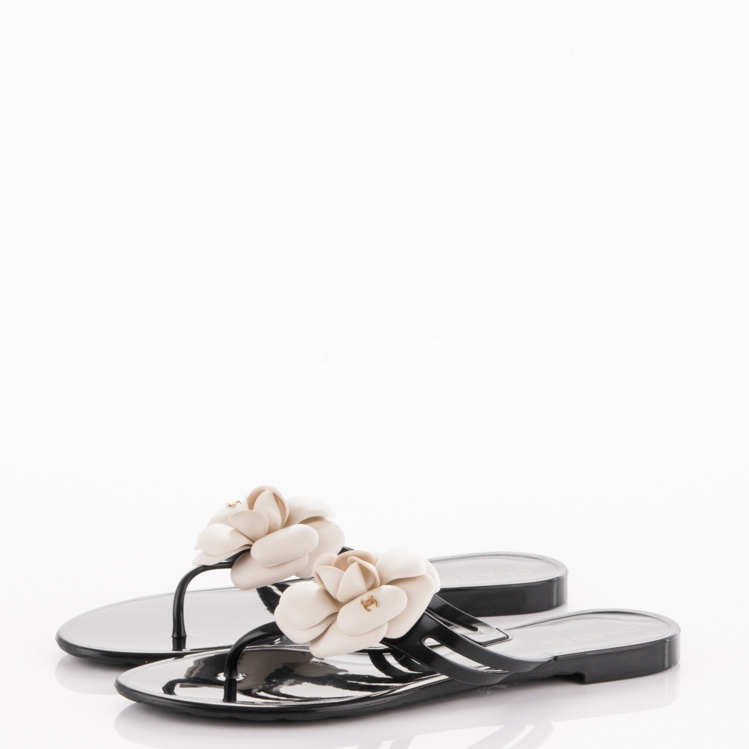 Chanel Jelly Camellia Thong Sandals 38 Black Ivory 3 of 7