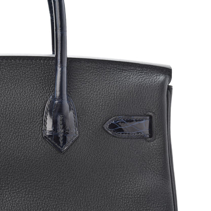 Hermes Taurillon Novillo Shiny Niloticus Crocodile Birkin Touch 30 Black Bleu Marine 8 of 29