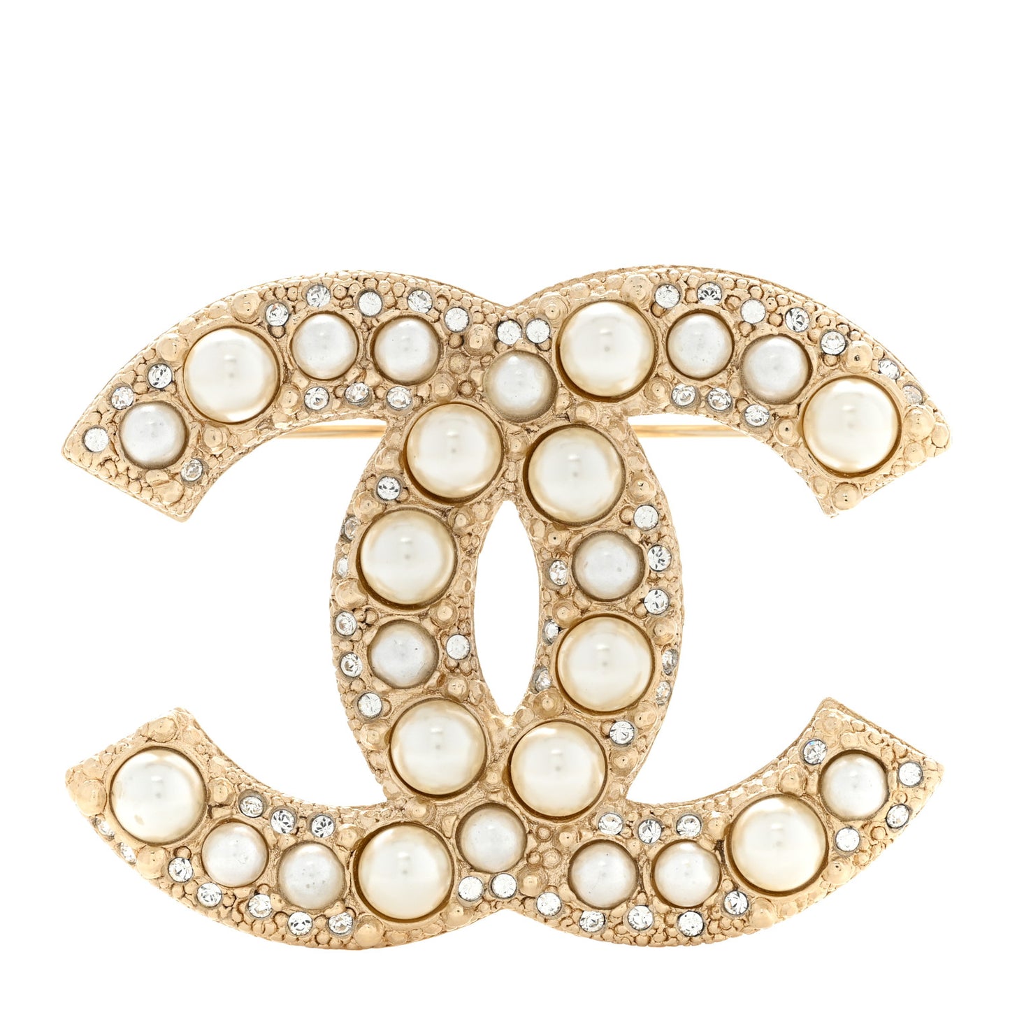 Metal Crystal Graduated Pearl CC Brooch Gold