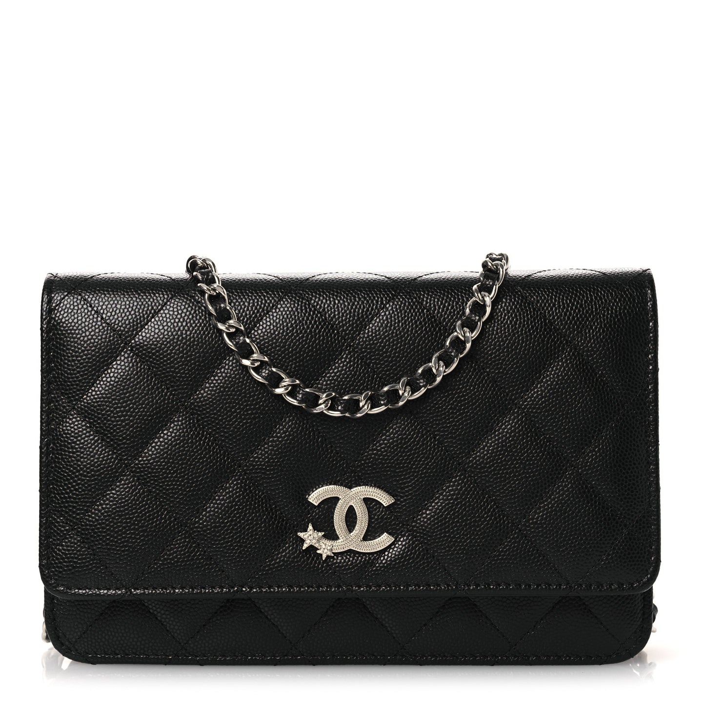 Caviar Quilted Crystal Star Wallet On Chain Black