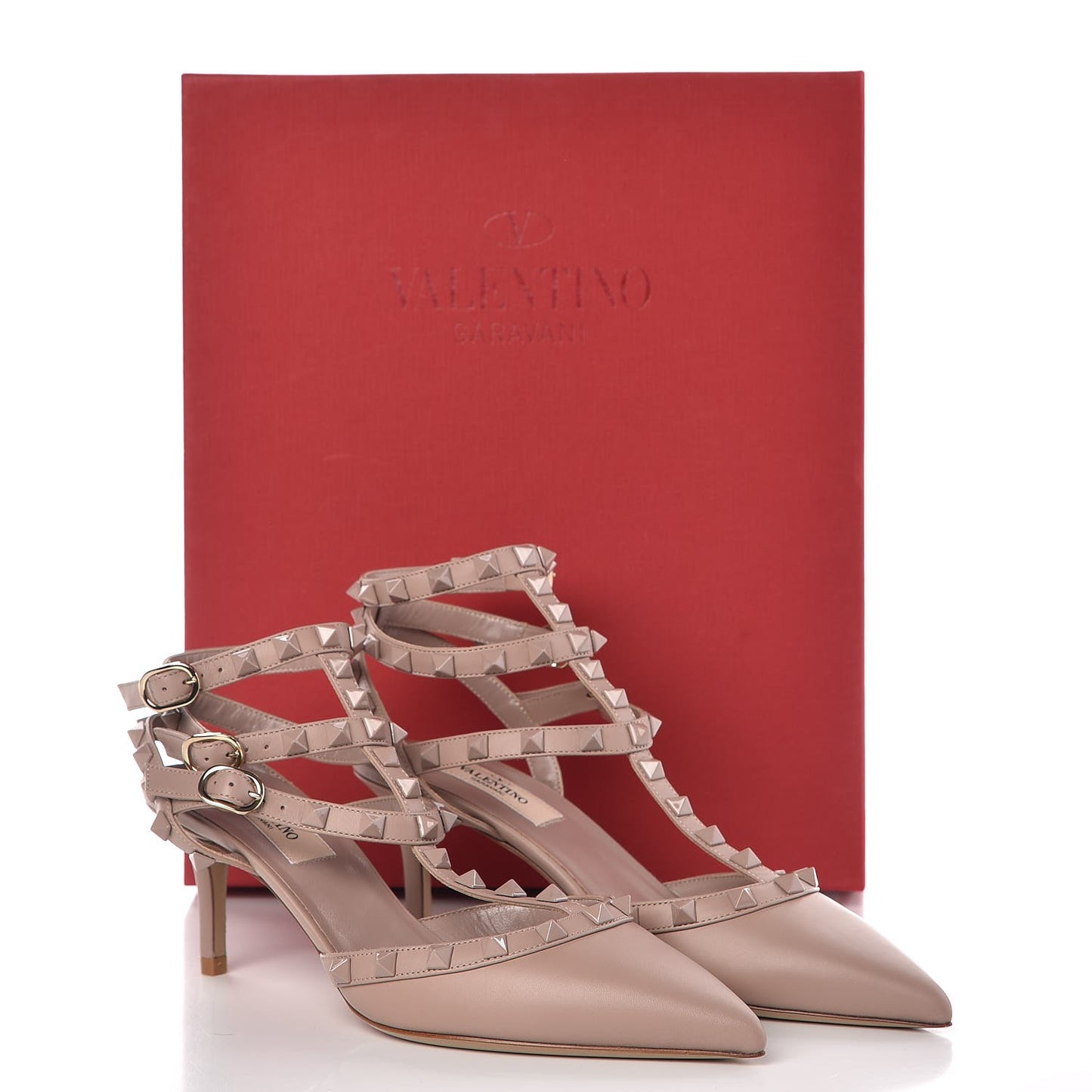 Nappa Rockstud Ankle Strap Low Heel Pumps 37 Poudre