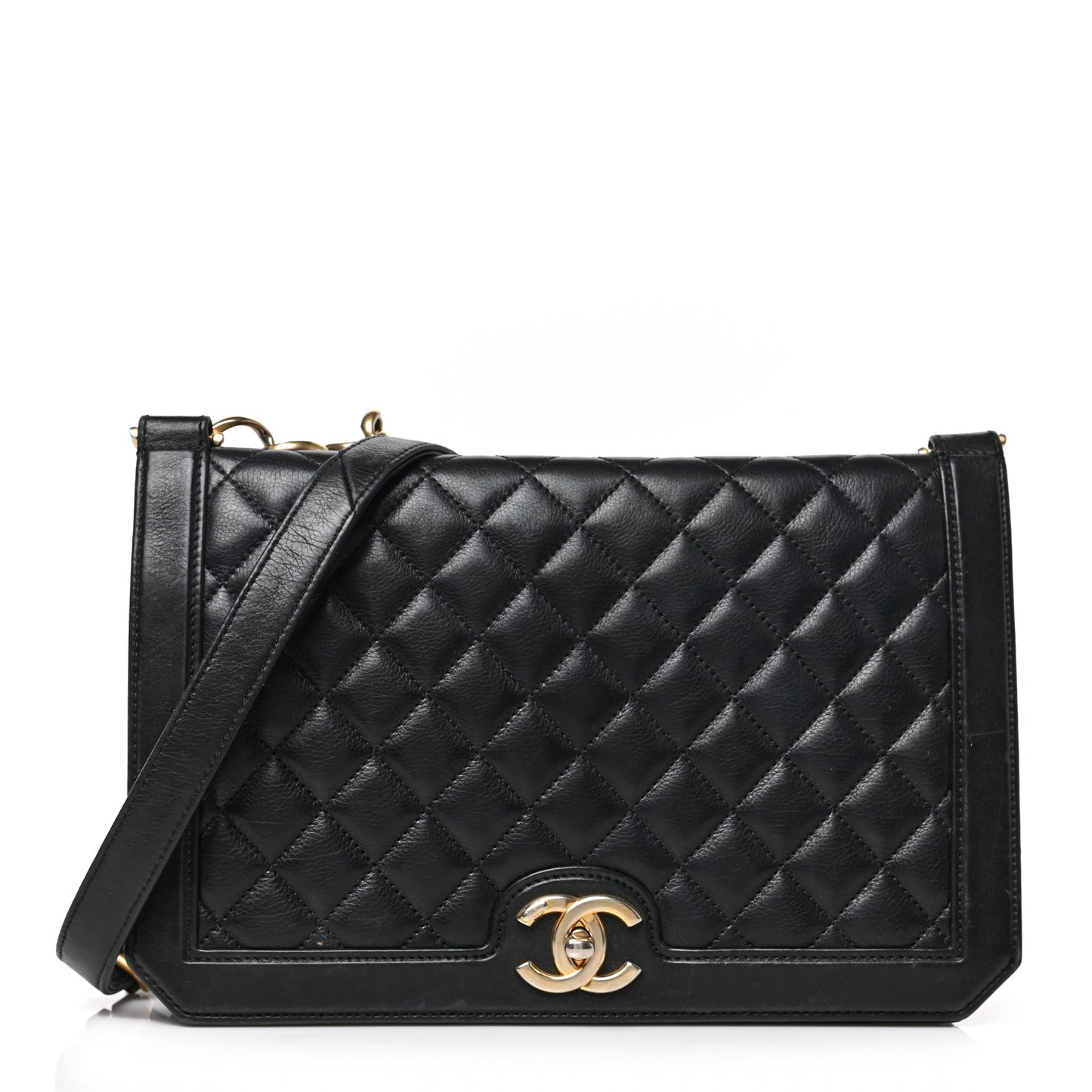 Calfskin Quilted Large Chain Link Full Flap Black