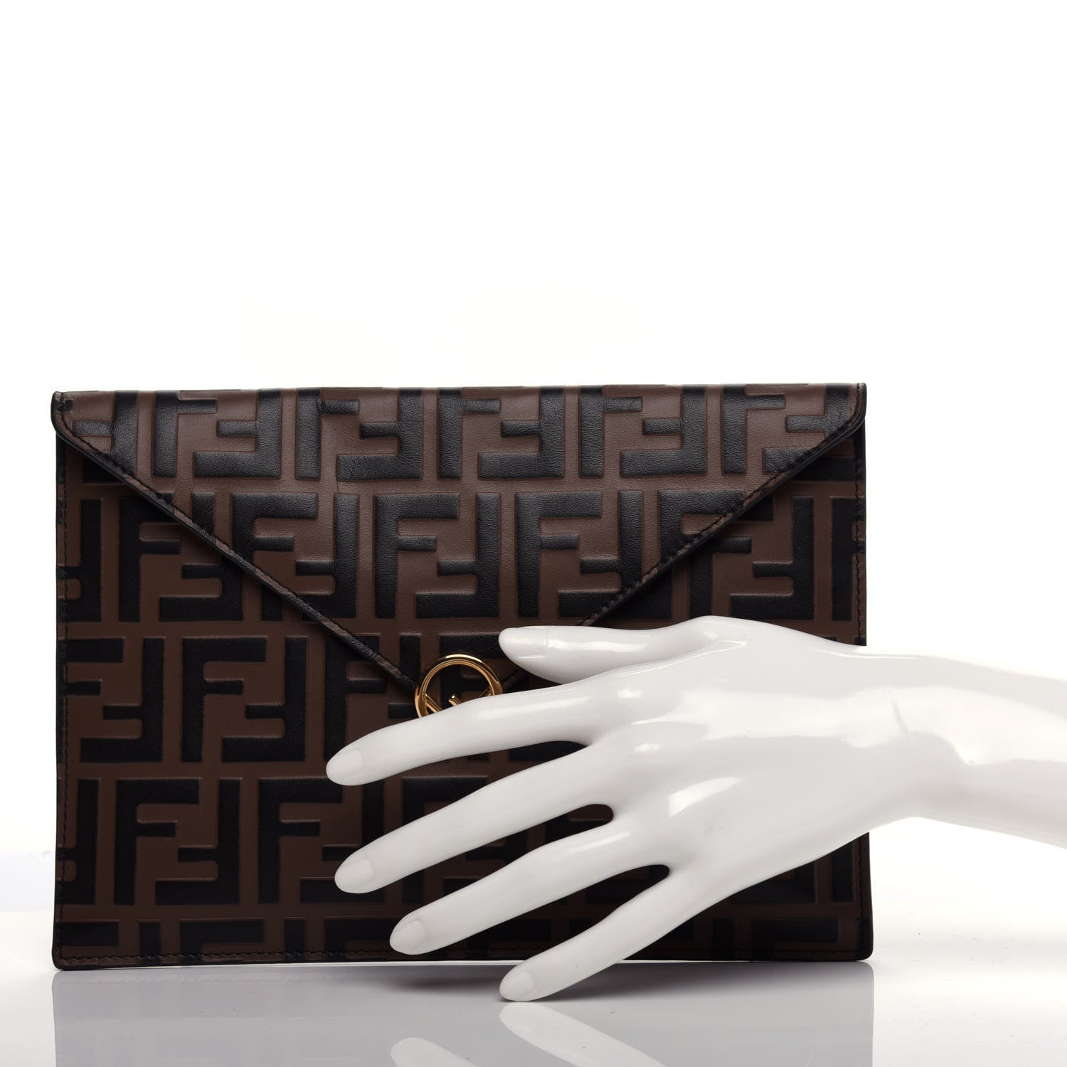 Fendi Vitello Soft F is Fendi Bi-Color FF 1974 Embossed Envelope Pouch Maya Black 2 of 7