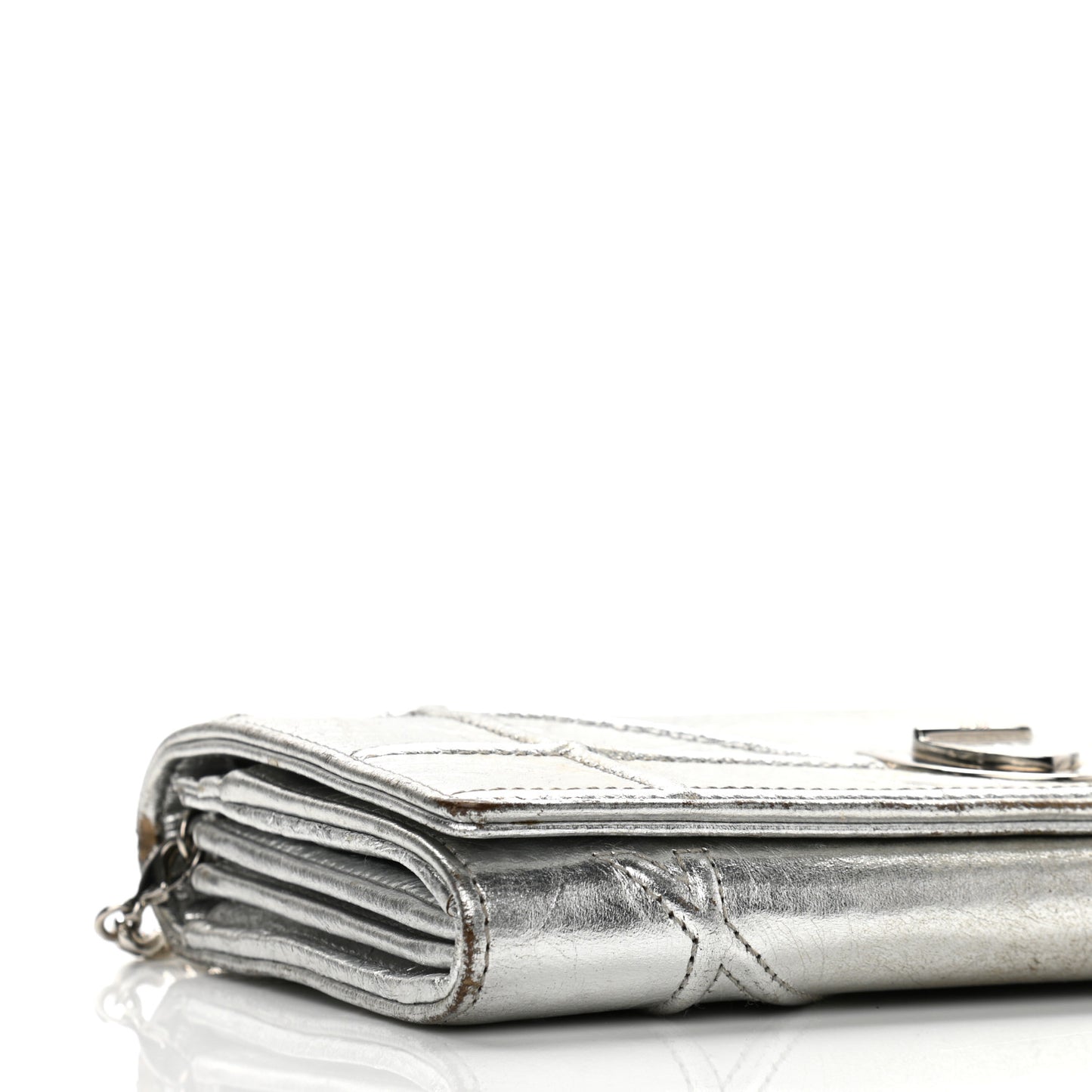 Metallic Crinkled Lambskin Diorama Croisiere Chain Wallet Silver