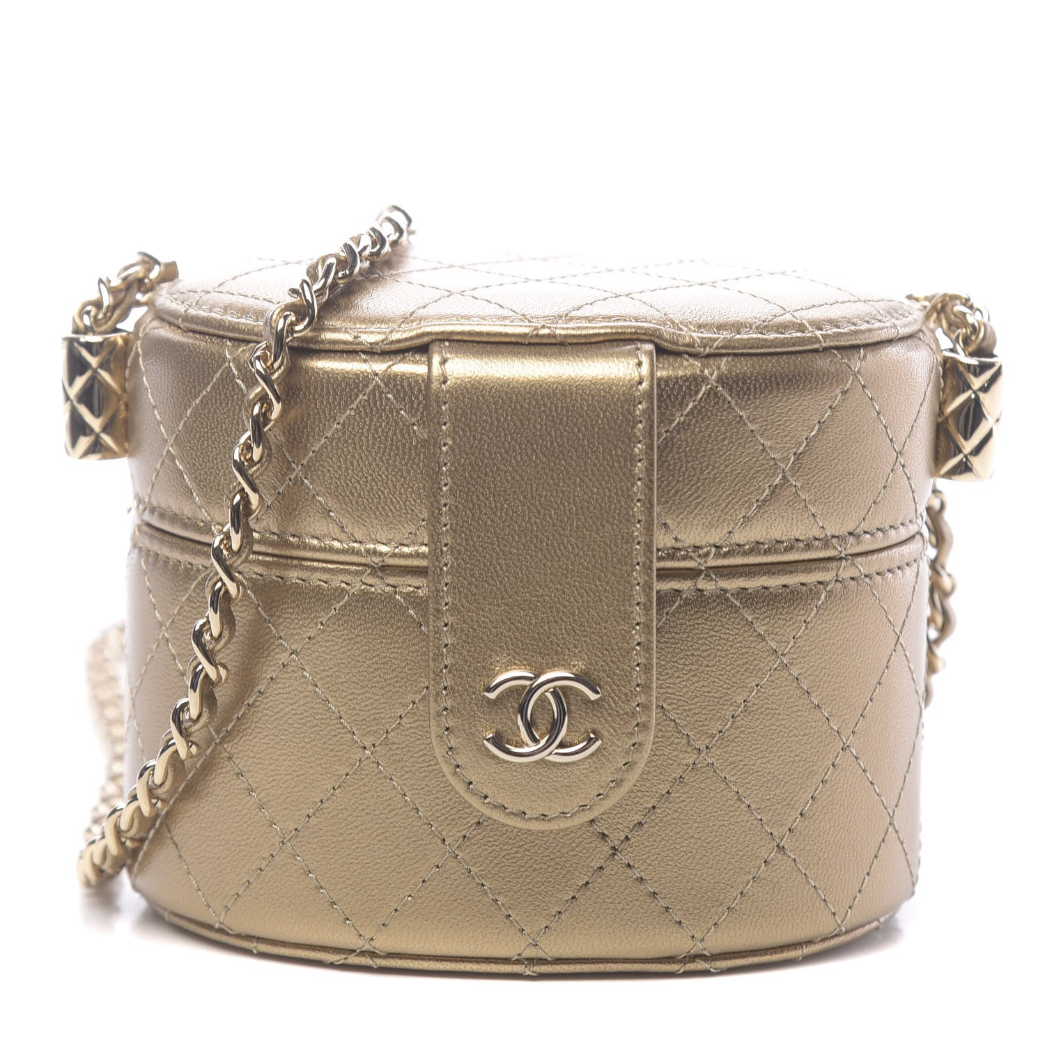 Chanel Metallic Lambskin Quilted Round Mini Vanity Case With Chain Gold 1 of 12