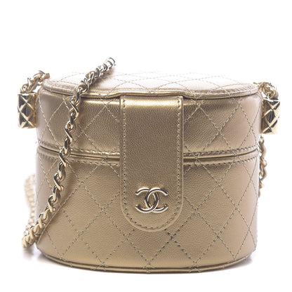 Chanel Metallic Lambskin Quilted Round Mini Vanity Case With Chain Gold 1 of 12