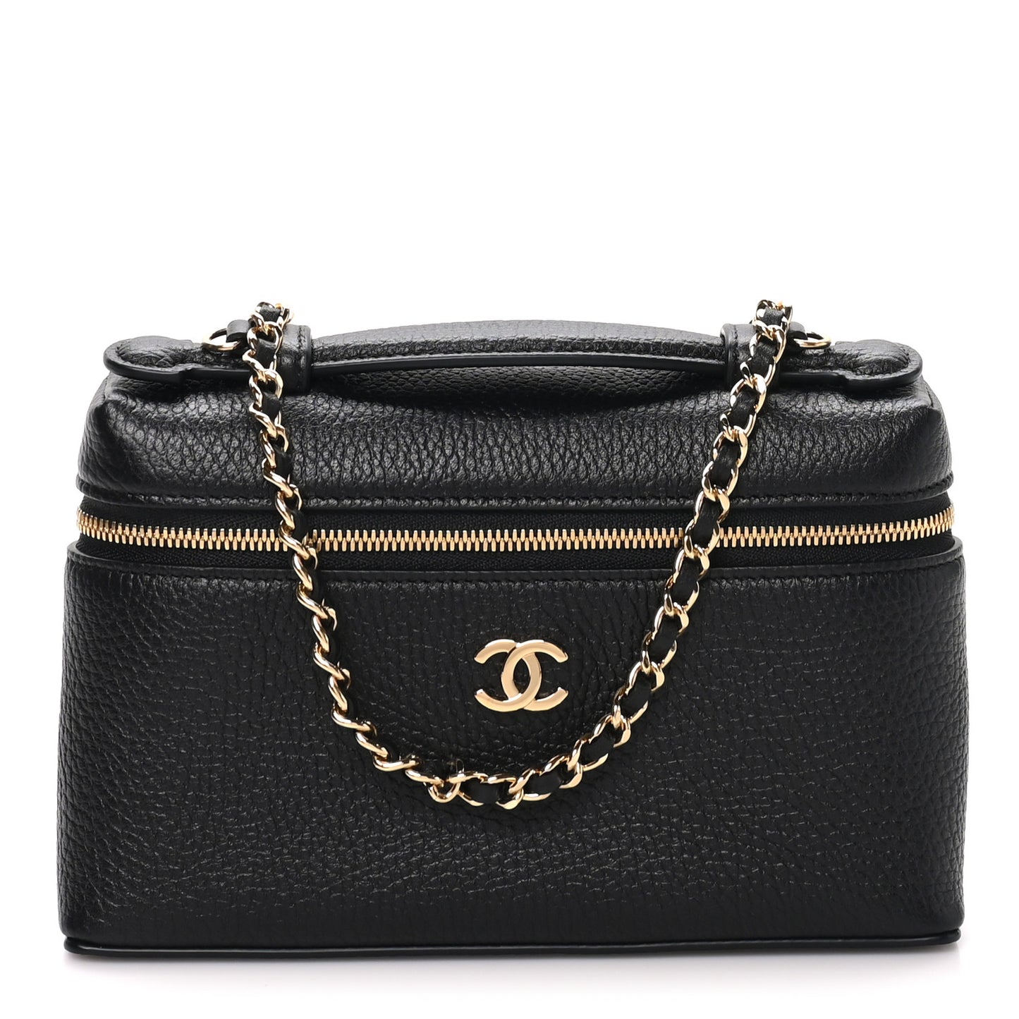 Grained Calfskin Top Handle Slim Vanity Case With Chain Black