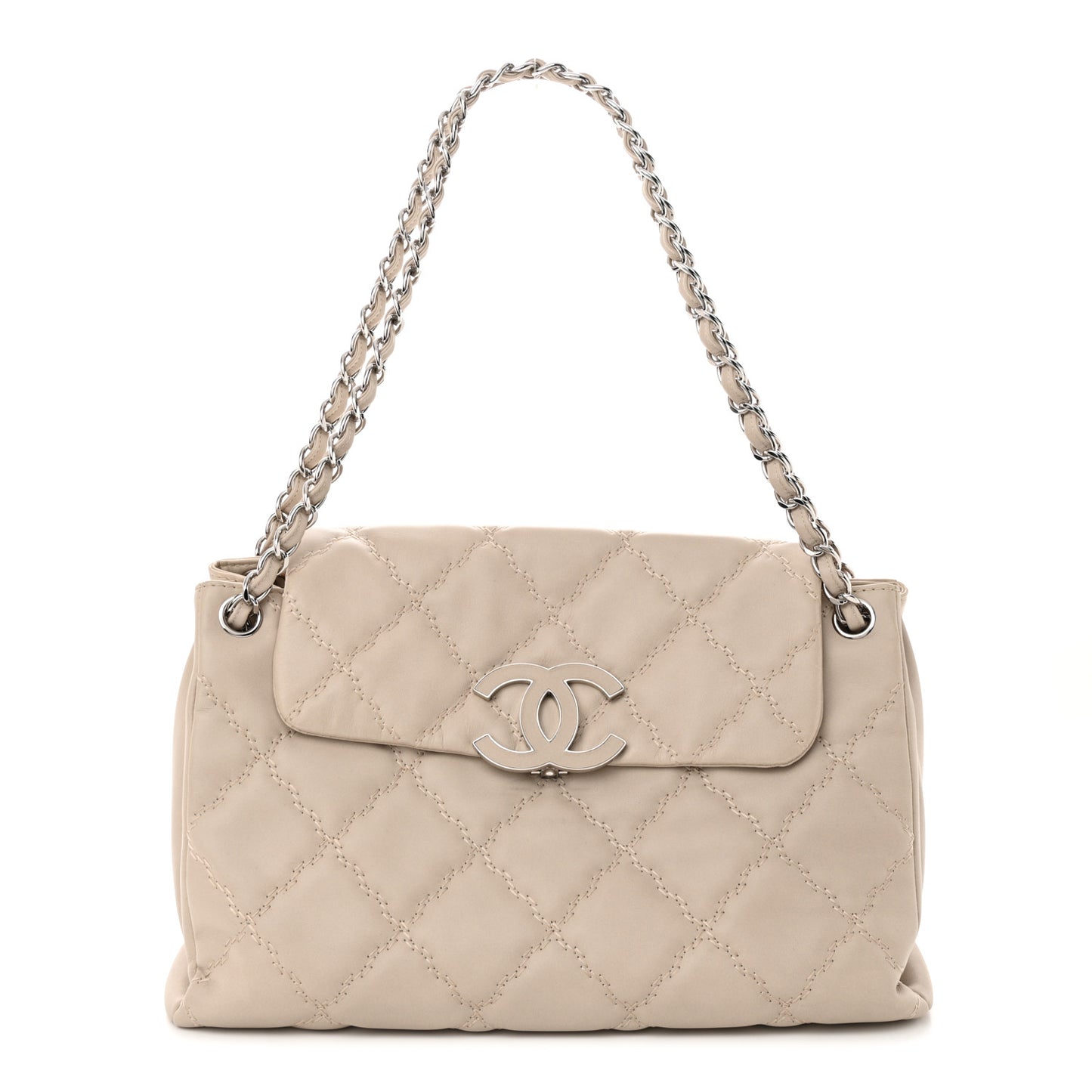 Calfskin Double Stitch Large Hamptons Flap Bag Beige