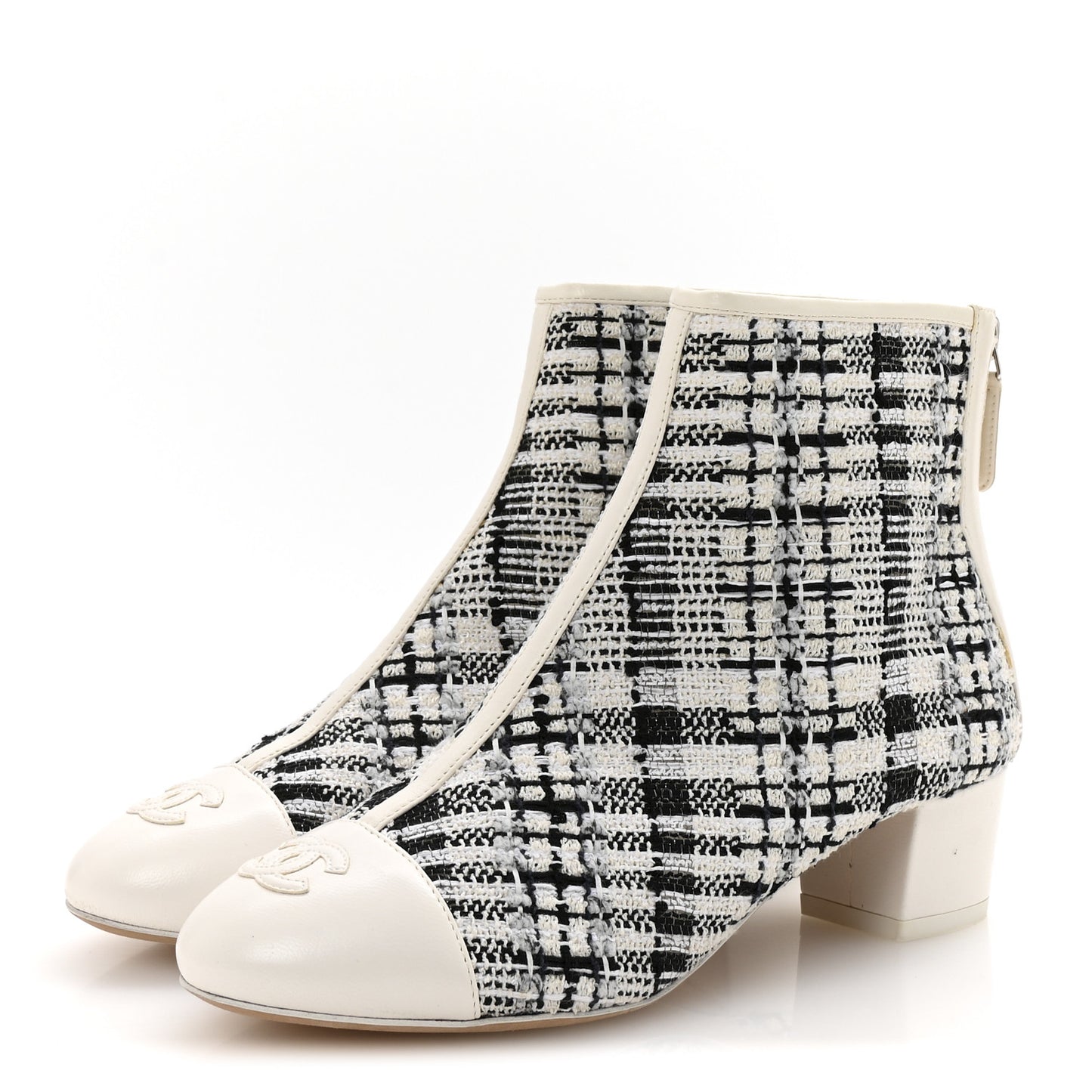 Tweed Lambskin Cap Toe CC Short Boots 35.5 White Black
