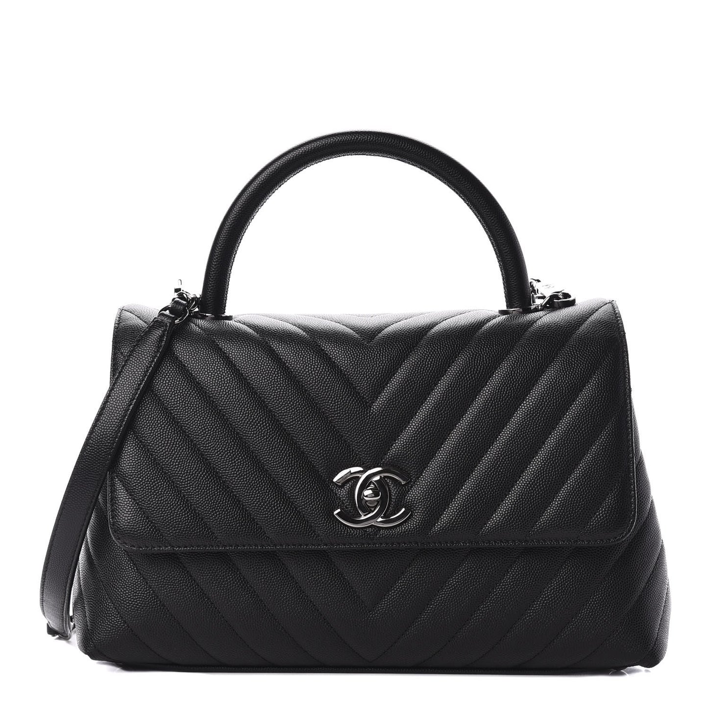 Caviar Chevron Quilted Small Coco Handle Flap Black