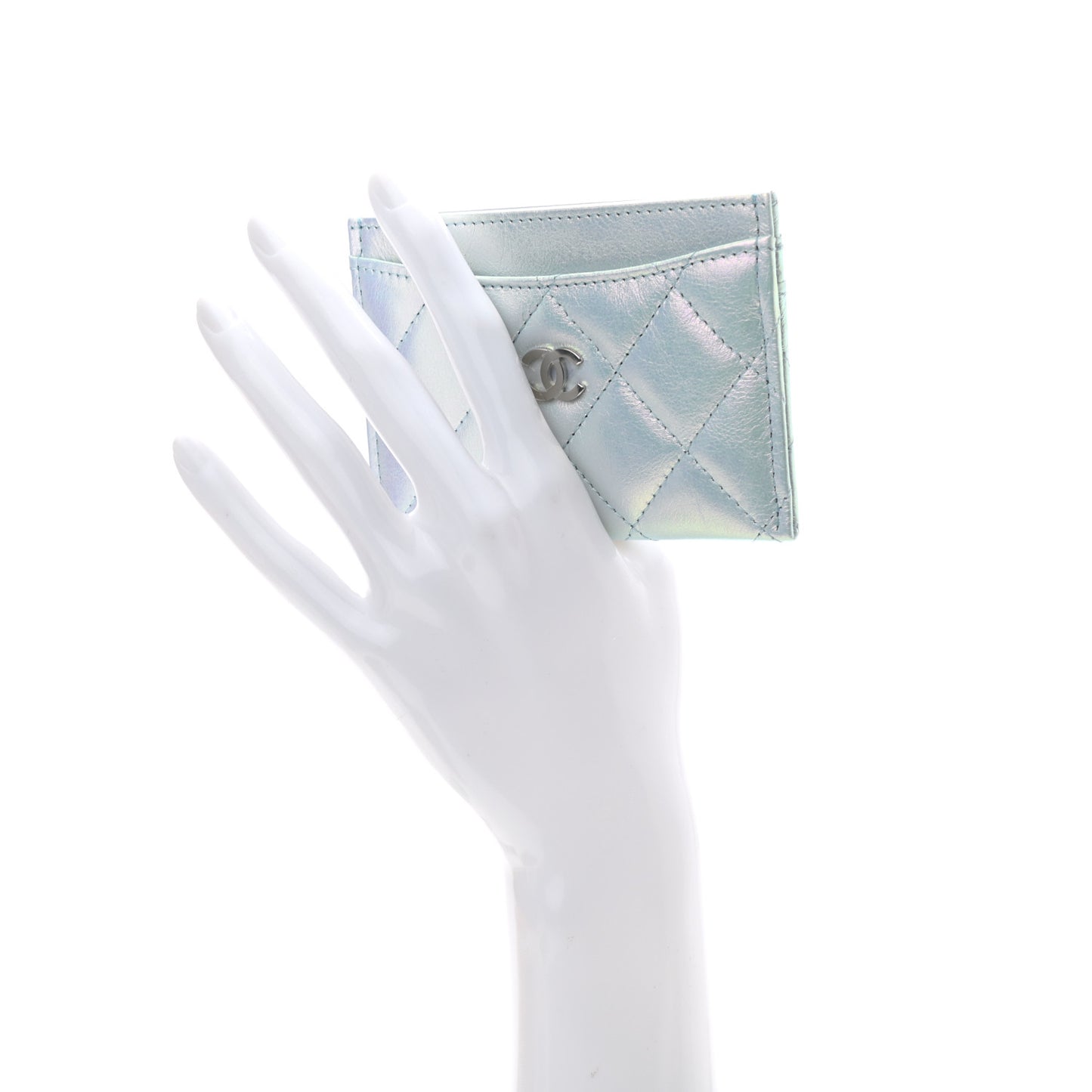 Iridescent Calfskin Quilted Card Holder Light Blue