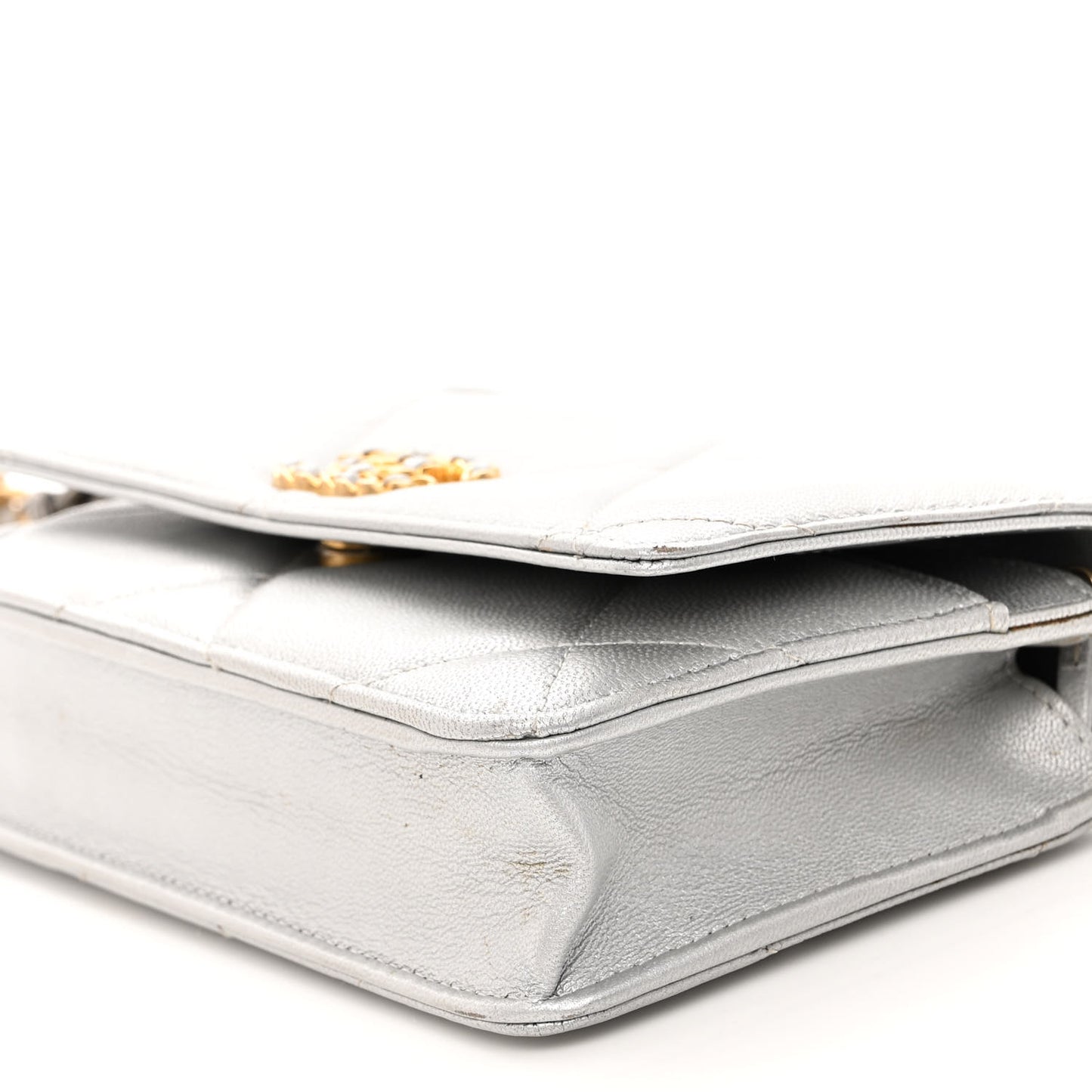 Metallic Goatskin Quilted Chanel 19 Wallet On Chain WOC Silver