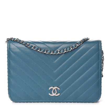 Chanel Lambskin Chevron Quilted Studded Wallet On Chain WOC Blue 1 of 17