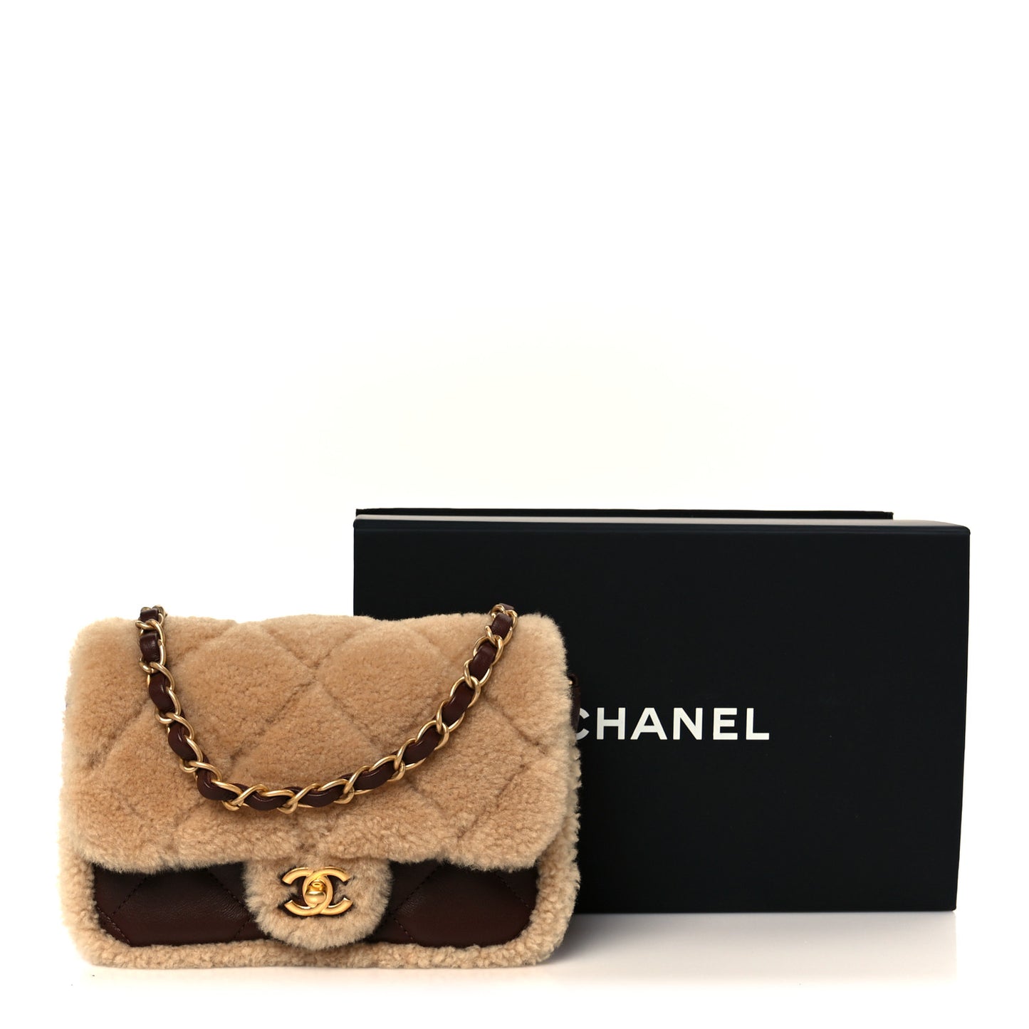 Shearling Lambskin Quilted Mini Furry Coco Flap Beige Dark Brown