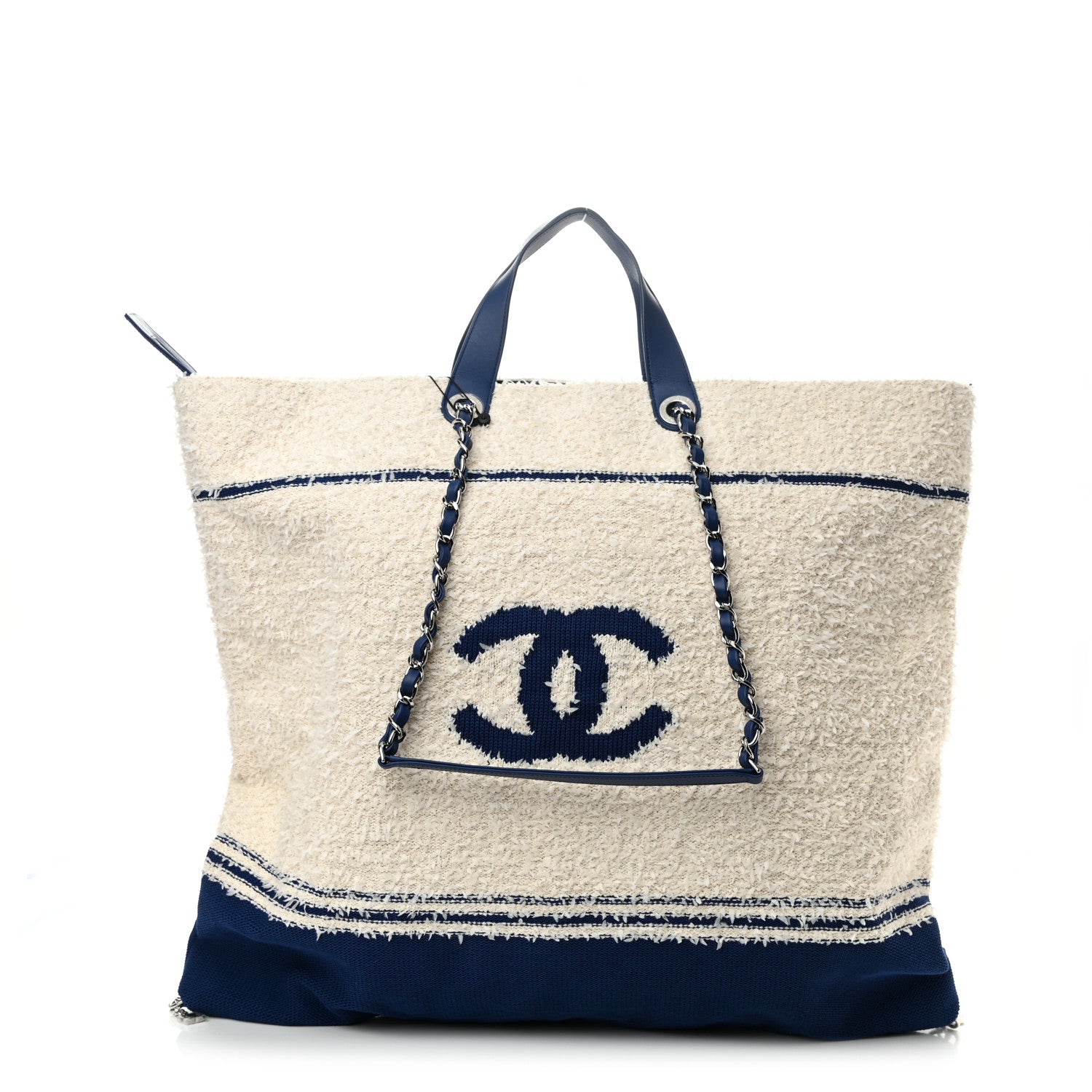 Chanel Tweed Fabric Deauville Biarritz Tote White Navy 1 of 9