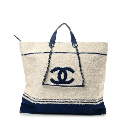Chanel Tweed Fabric Deauville Biarritz Tote White Navy 1 of 9