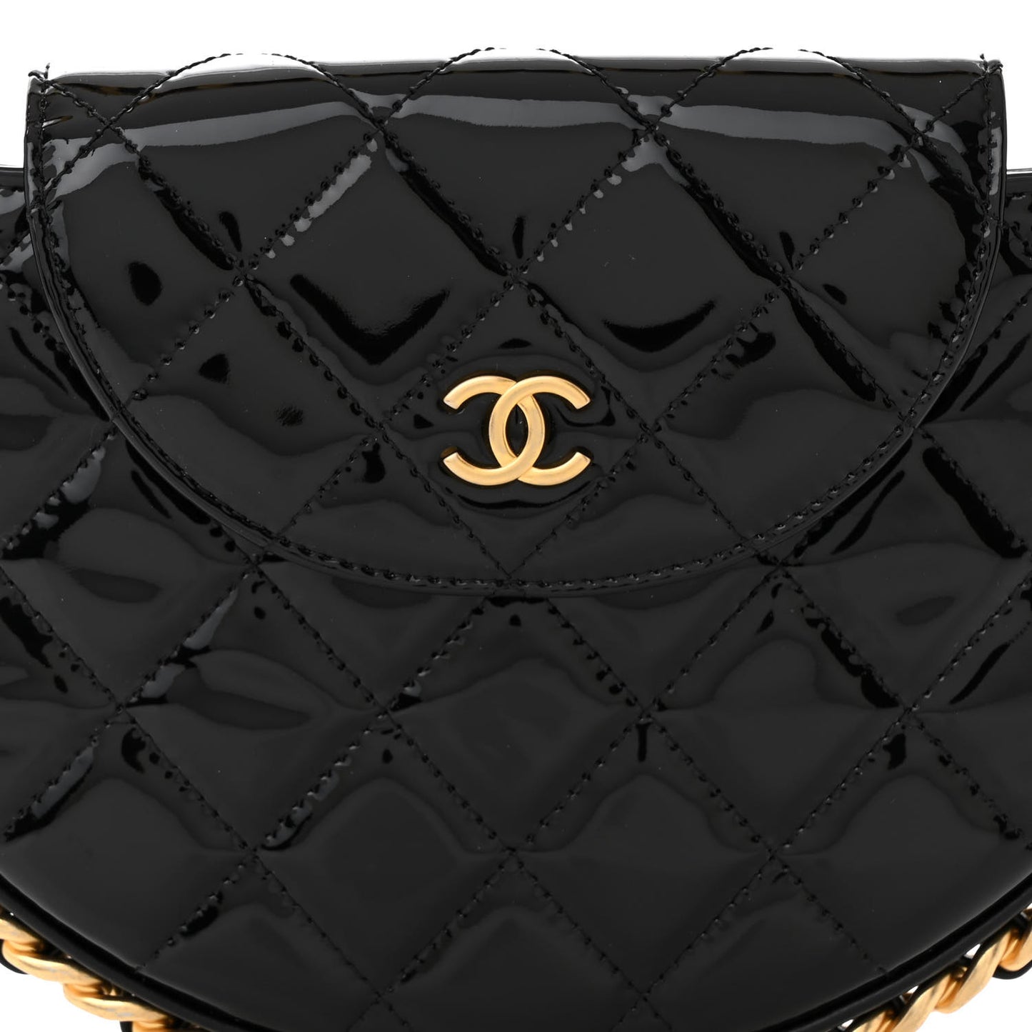 Patent Calfskin Quilted Chain Hoop Bag Black