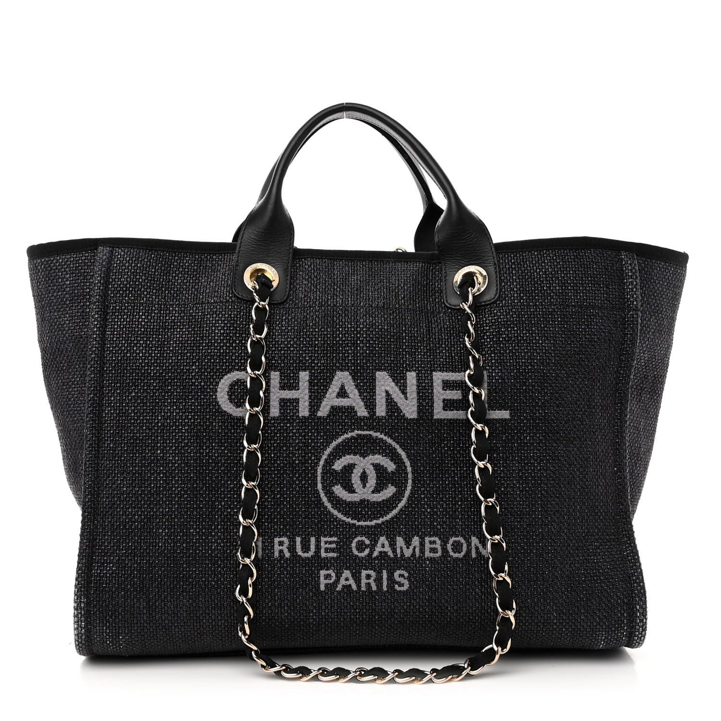 Woven Straw Raffia Medium Deauville Tote Black