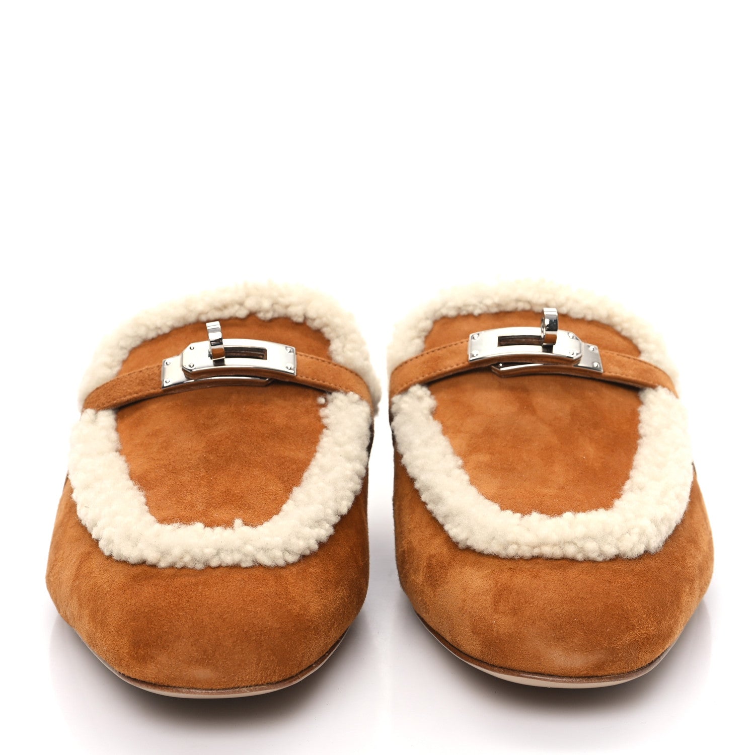 Hermes Suede Goatskin Woolskin Womens Oz Mules 41 Naturel 2 of 8
