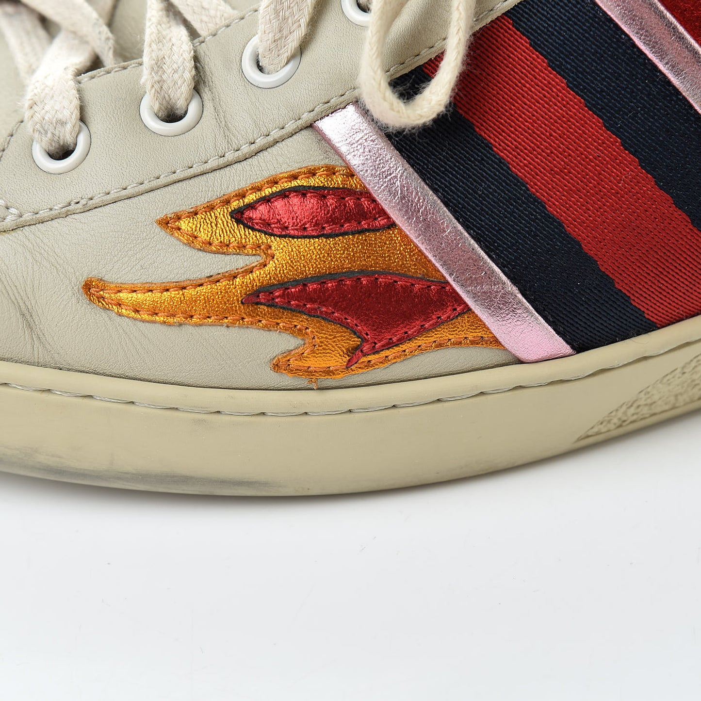 Calfskin Ayers Web Flames Embroidered Mens Ace Sneakers 10 Off White