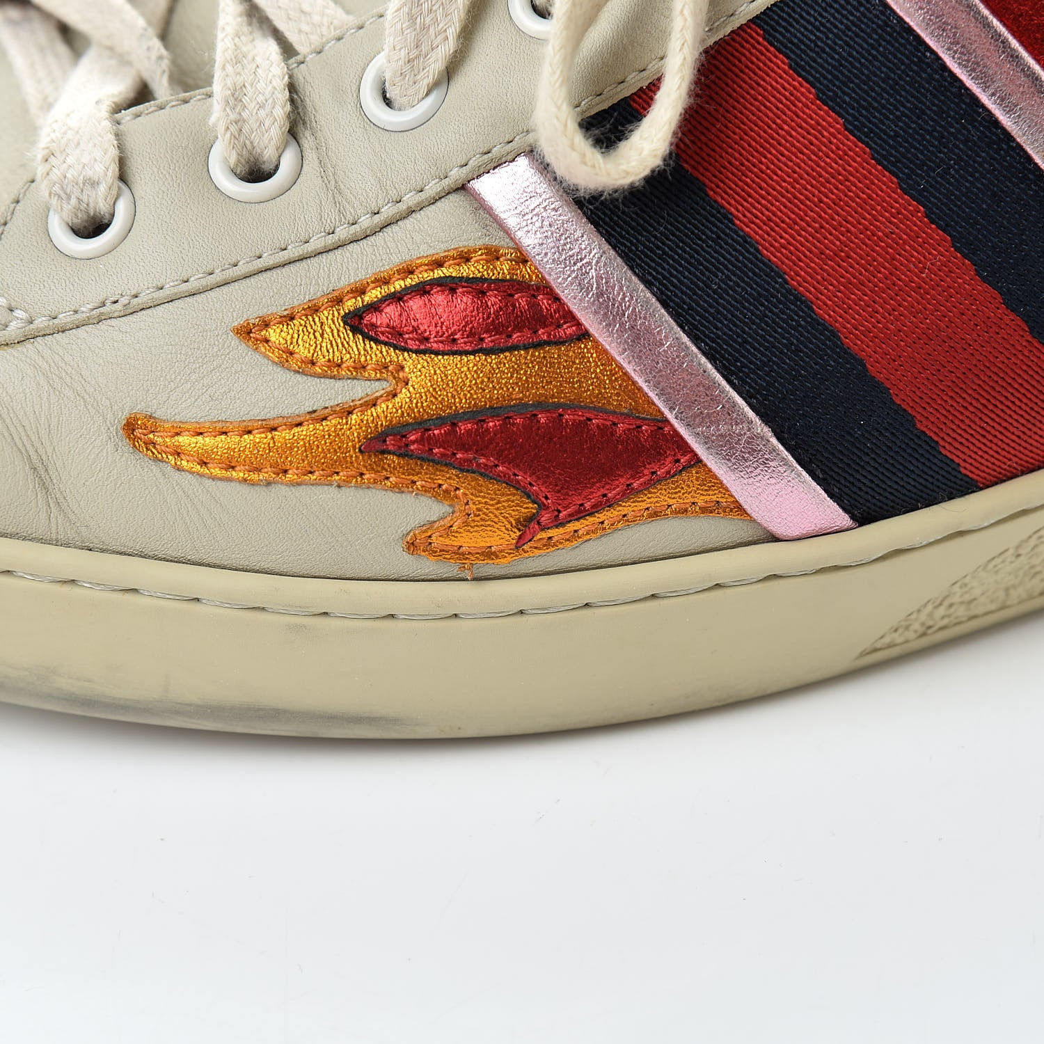 Gucci Calfskin Ayers Web Flames Embroidered Mens Ace Sneakers 10 Off White 11 of 23