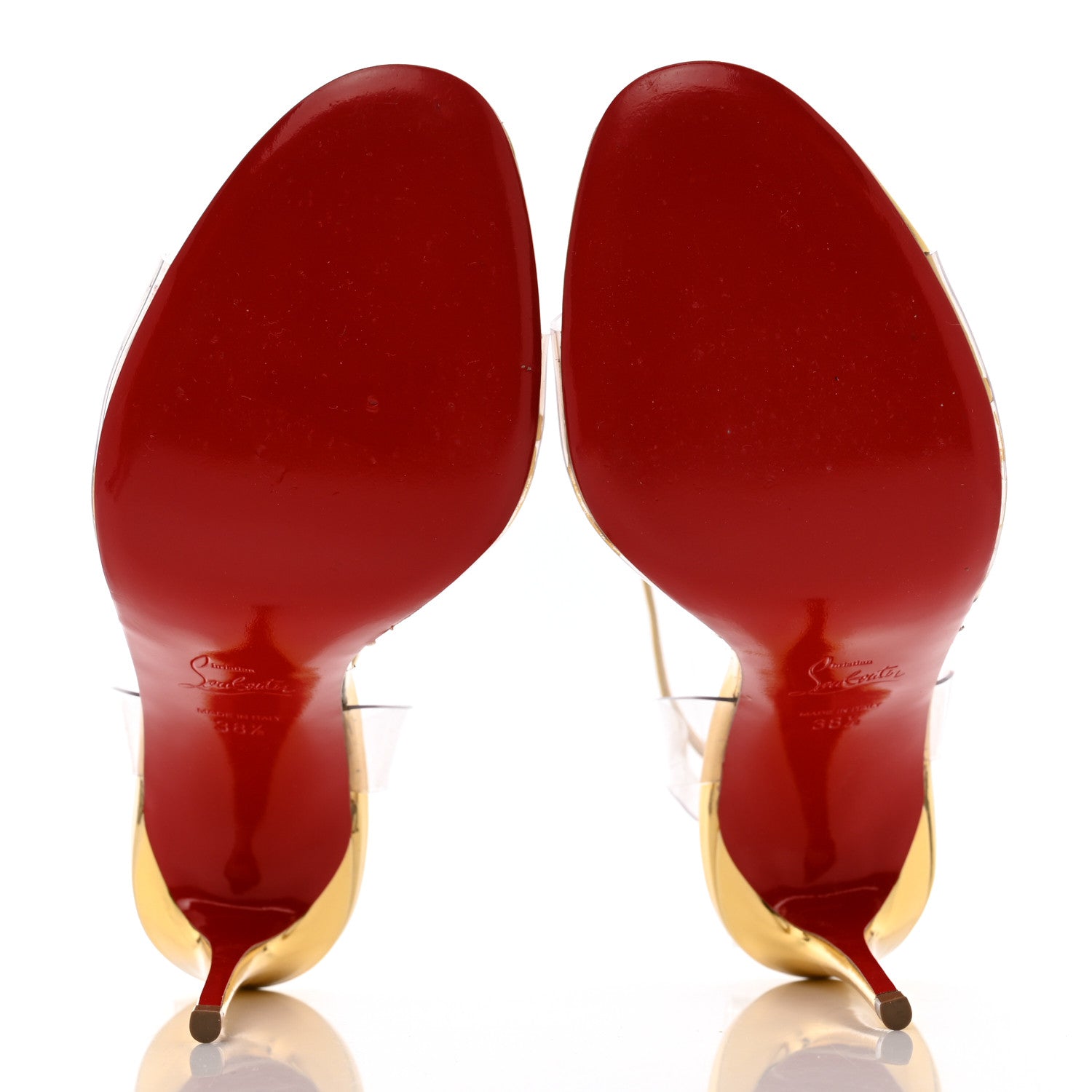 Christian Louboutin PVC Spiked Jamais Assez 100 T-Strap Sandals 38.5 Gold 5 of 8