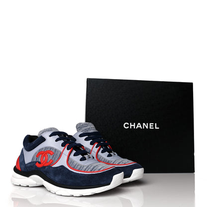 Chanel Suede Calfskin Womens CC Sneakers 37 Grey Red Blue 9 of 9
