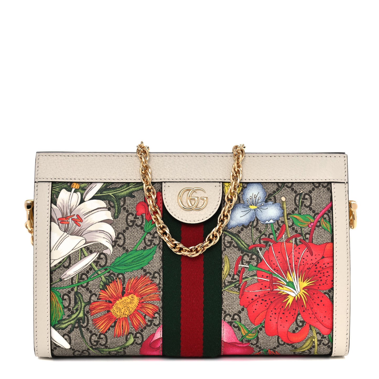 GG Supreme Monogram Flora Web Small Ophidia Chain Shoulder Bag White